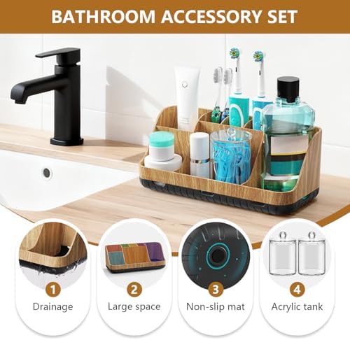 GFWARE Bathroom Toothbrush Holder Set with 2 Pack Qtip Holder Dispenser - 7 Slots Kids Bathroom Accessory Sets with Drainage, Q Tip Holder for Bathroom Sink Counter Accessories Set - Image 4