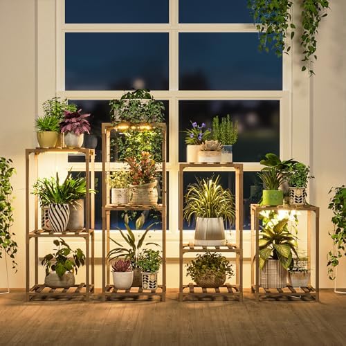 Bamworld Plant Stands with Grow Lights Indoor 4 Sets Plant Shelves Outdoor by Bamworld