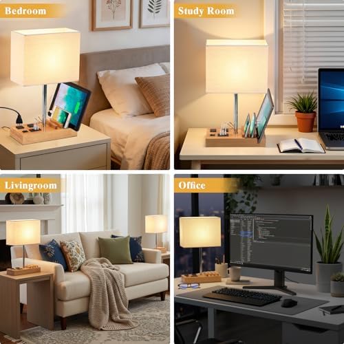 Briever USB Table Lamp, Multi-Functional Desk Lamp with 2 AC Outlets, Bedside Lamp with 3 USB Charging Ports and Wooden Phone Stands, Nightstand Lamp for Bedroom, Livingroom, Office, Natural Wood - Image 2