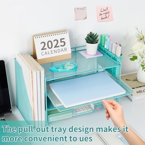 OPNICE Desk Organizer, 4-Tier Desktop File Organizer with Drawer and Pen Holders, Office Desk Accessories, File Sorters, Workspace Organizers for Office Supplies(Teal Blue) - Image 6