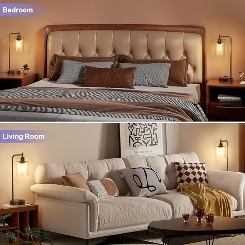 Innqoo Industrial Touch Table Lamps - 3-Way Dimmable Desk Lamps Set of 2 with USB C+A Ports and Outlet, Brown Bedside Lamps with Clear Glass Shade for Living & Bedrooms - Image 5