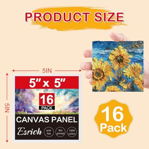 ESRICH Canvas Boards for Painting, 16 Pack Canvases 5x5 100% Cotton Small Paint Canvas Primed Acid Free Mini Blank Canvas Panels for Oil, Watercolor, Acrylic, Gouache & Tempera - Image 2