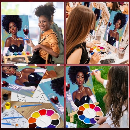 Motipuns 6 Set Pre Drawn Canvas for Painting for Adults Sip and Paint Kit with Easels 8 x 10 Inches Paint Party Kit with Printed Canvas Paints Brushes Palette Apron(Woman and Wine) - Image 6