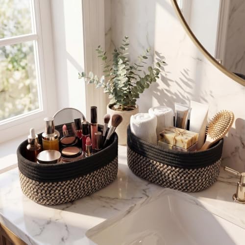 10 Pack Small Woven Baskets, Cotton Rope, Linen, Black - Image 5