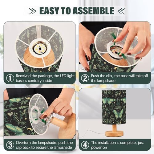 Fustylead Botanical Ferns Green Moth Mystical Black Bedside Table Lamps with USB Port for Bedroom Lamp Small Nightstand Lamp Sturdy Linen Shade Wooden Decorative Lamps for Living Room Home Dorm Kids - Image 6