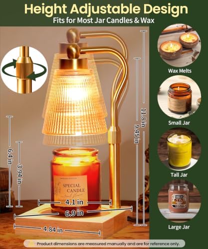 Height Adjustable Candle Warmer Lamp with Timer, 3 Dimmable Wax Melt Warmer, Birthday Gifts for Women Mom, House Warming Gifts New Home Decor, Candle Warmer for Jar Candles with 2 Bulbs，Gold-Amber - Image 5