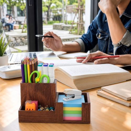 Maitys Wood Pen Holder Wooden Desk Organizer 3 Compartments Office Supply Organizer with Pencil Holder Paperclip Storage Sticky Note Rack Desk Organizers Ideal Gift for Class Home Office - Image 4