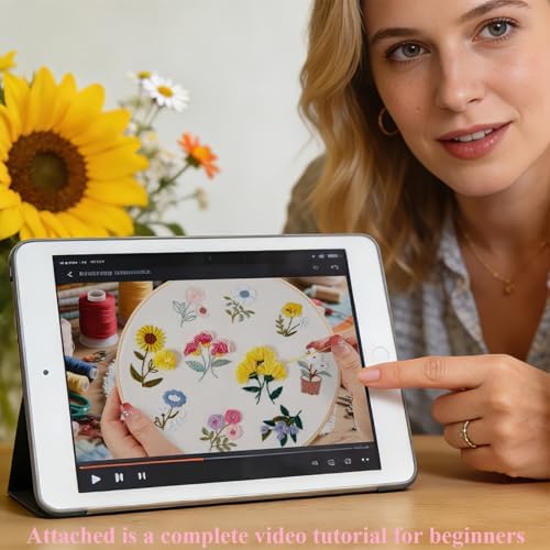 Embroidery Kit for Beginners Adults, Cute Flowers Embroidery Starter Kits, Floral Stamped Cross Stitch Kits for Beginner Adults Craft Kits for Women, Entire Set of Embroidery Supplies & Video Tutorial - Image 3