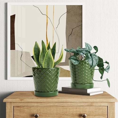 EFISPSS Ceramic Plant Pots, 5 Inch Planters with Drainage Holes and Ceramic Tray, Relief Design Flower Planter, Desktop Office Windowsill Decoration Gift Set of 4 - Blackish Green - Image 5