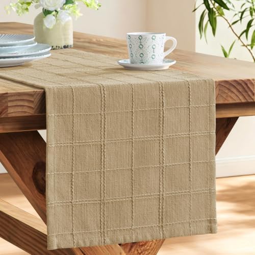 ZeeMart Linen Checked Farmhouse Table Runner, 13x48 Inches Camel - Image 4