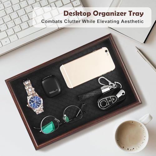 Wooden Valet Tray with Leather Base - Nightstand Catchall Organizer for Cologne, Perfume, Keys, Wallet, Phone, Watch, Jewelry & Sunglasses (2Pcs Black) - Image 2