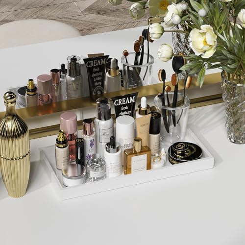 ZHWS Bathroom Vanity Tray for Countertop Perfume Makeup Jewelry Candle Decor, Kitchen Tray for Soap Dispenser Spice Salt, Large Tray for Toilet Tank Paper, Serving Nightstand White 13”x6.5” - Image 3