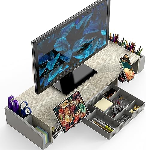 Simple Houseware Desk Dual Monitor Stand Riser with Drawer, Maple - Image 2