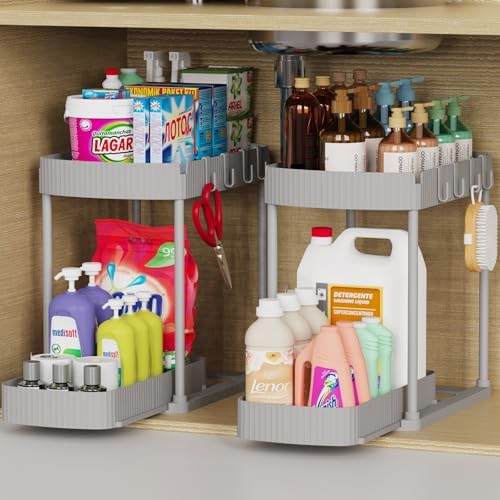 2 Packs Under Sink Pull-Out Storage Organizers, 12.8 Inches, Grey by ukeetap
