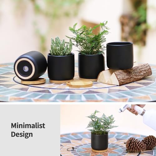 4" Ceramic Plant Pots with Drainage Holes & Trays Black Set of 4 - Image 3
