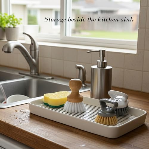 10"×6"×1" White Bathroom Vanity Tray for Countertop- Ceramic Decorative Organizer Tray for Dresser Tops, Toilet, Perfume, Sponge Holder Soap Dish Dispenser for Kitchen Counter- Black Stripes - Image 4