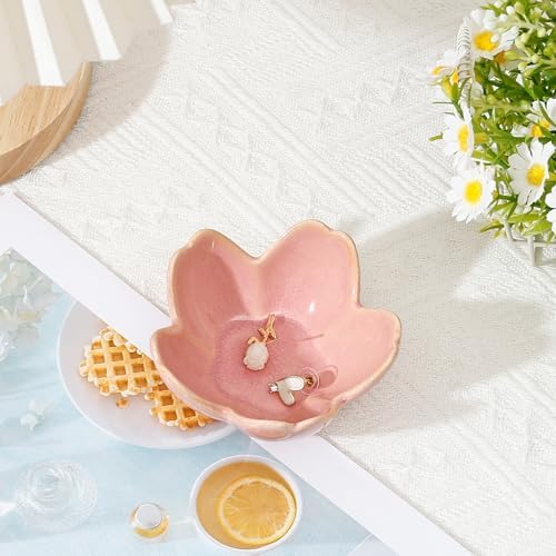 Koythin Flower Trinket Dish, Ceramic Jewelry Ring Holder Dish & Trinket Bowl, Small Decorative Plate Tray, Jewelry Plate Bowl for Rings, Keys, Earrings, Birthday Gifts, Bedroom Decor for Women (Pink) - Image 3