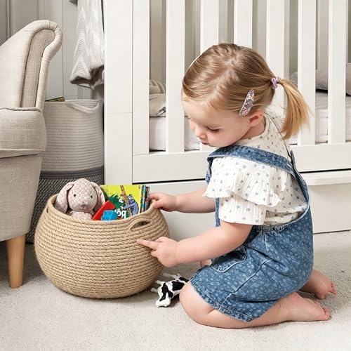 Goodpick Round Small Wicker Storage Basket for Shelves, 10" x 8.3", Jute - Image 2