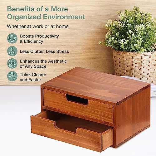 Double Drawer Desktop Storage Organizer in a Modern Wood Design (9.8”x6.9”x 5.1”) 2-Drawer Stackable Drawer Unit - Wood Monitor Riser (1-Pack) - Image 5
