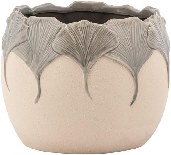 Napco Imports Decorative Home or Garden 5.5 X 5.5 Inch Indoor or Outdoor Flower Pot Planter Grey and Beige Ginkgo Leaf by Napco