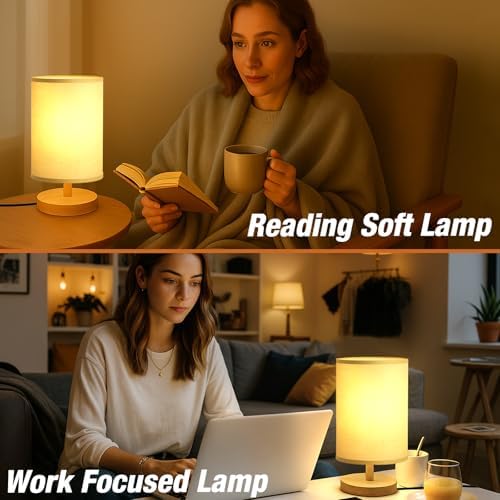 Desk Lamp LED Bulb Included, Small Bedside Table Lamp Plug-in - Classic Wood Base with Flaxen Fabric Shade, Lamps for Night Stands, Simple Nightstand Light for Bedroom, Office, Desk - Image 6