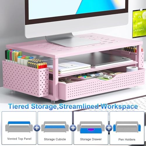 gianotter Desk Organizers and Accessories, Monitor Stand with Drawer and 2 Pen Holder, Desktop Organizer Suitable for Offices and Dormitories (Pink) - Image 3