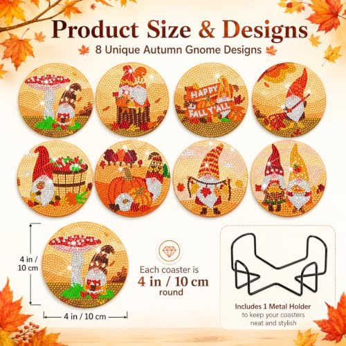 Demonwer 8 Pieces Fall Gnome Diamond Coasters with Holder DIY Cute Fall Gnome Diamond Art Coasters 5d Autumn Gnome Diamond Coasters for Beginners Adults for Fall Thanksgiving Day Gift - Image 3