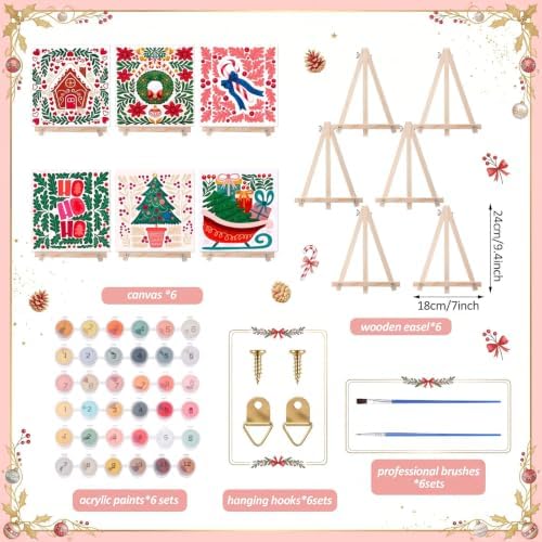 YooNotee 6 Pack Christmas Paint by Numbers Kit for Adults Nordic Winter Theme Canvas Painting Set 8 x 8 Inch with Acrylic Paints Brushes Easels, Holiday DIY Art Craft - Image 3