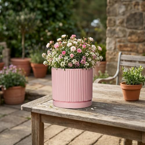 6 Inch Ceramic Flower Pots, Round Plant Pots with Saucer, Pink - Image 6