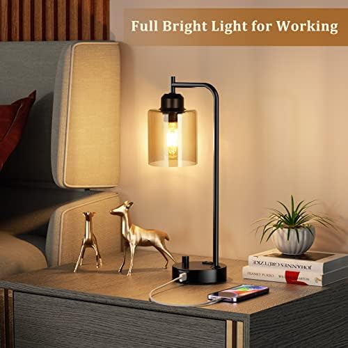 Innqoo Industrial Small Desk Lamp for Nightstand - Amber Clear Glass Shade Table Lamp with USB C Port, Fully Dimmable Black Bedside Lamp with USB Port and Outlet, Bedroom Lamp for Reading Office - Image 5
