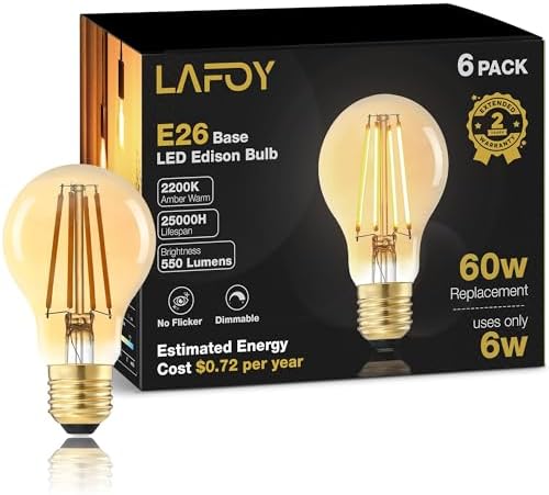 Lafoy A19 Amber Edison Bulbs, Dimmable E26 LED 60 Watt Equivalent 6 Pack by Lafoy