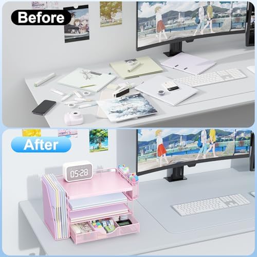 gianotter Wood Desk Organizers and Accessories with File Holder, 4-Tier Desk Accessories & Workspace Organizers with Drawer and 2 Pen Holder, Desk Reference Organizer (Pink, 4T with Metal Drawer) - Image 2