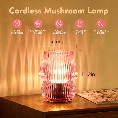 Small Battery Operated Lamp with Timer, Mushroom, Pink - Image 2