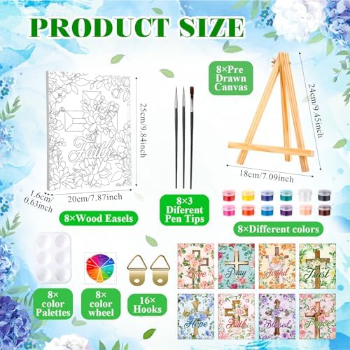 Humyoun 8 Sets 8" x 10" Inspirational Cross Pre Drawn Canvas to Paint for Sip and Paint Party Religious Predrawn Coloring Set Pre Sketched Canvas Boards with Paints and Brushes for Adult - Image 2