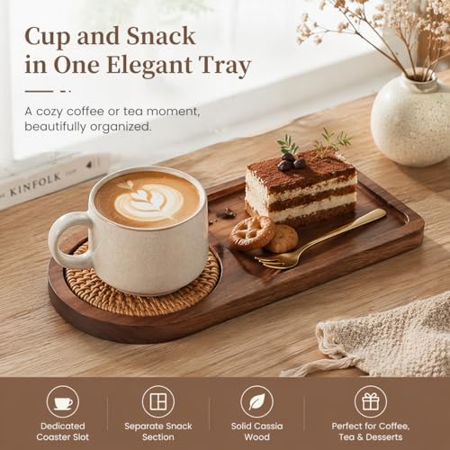 Wooden Coffee Cup Tray with Coaster Holder, Solid Cassia Wood Tea Tray with Snack Section, Cup and Snack Serving Tray for Desk, Bedside, Coffee Table - Image 7