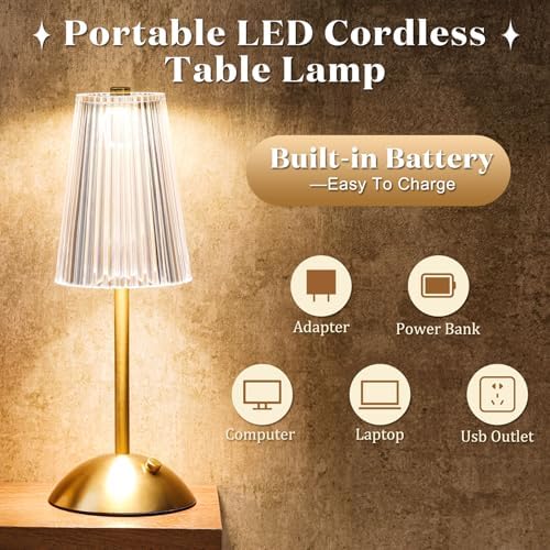 Liliful 2 Pcs Cordless Table Lamp LED Touch, Gold, Small Stripes - Image 3