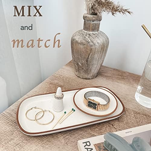 Mora Ceramic Decorative Tray - Rectangle 10in Dish for Jewelry, Soap Dispenser, Perfume, Makeup, Accessories, Candle, in the Bathroom Vanity, Bedside, or Kitchen Counter. Cute Organizers - White - Image 4