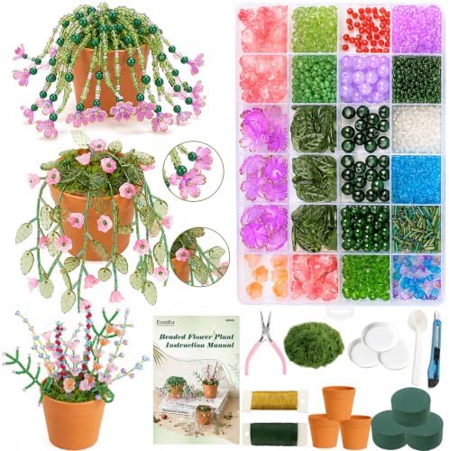 Ecoofor Beaded Plant Kit with 17 Styles of Beads, Flower Beads & Green Glass Crystal Beads, DIY Handmade Beaded Plant Craft Kit with Video Tutorial, Gift for Plant Lovers & Craft Enthusiasts by Ecoofor