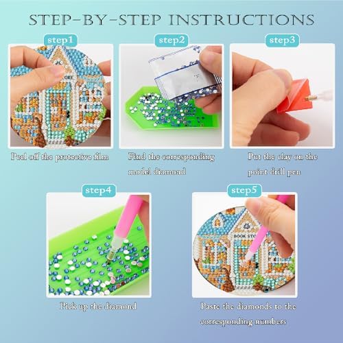 Clendo 8 Pcs Book Shop Diamond Art Coasters Kit - DIY 5D Small Diamond Painting Coasters with Holder, Mini Diamonds Arts Kits for Adults Coaster, Gem Art Arts and Crafts for Adults - Image 4