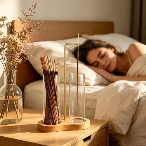 Glass Natural Incense Holder,Warm Minimalism Incense Sticks Burner Holder with Storage,Hang Upside Down Incense Holder for Sticks with Glass Ash Catcher for Meditation Yoga Room (Natural) - Image 5