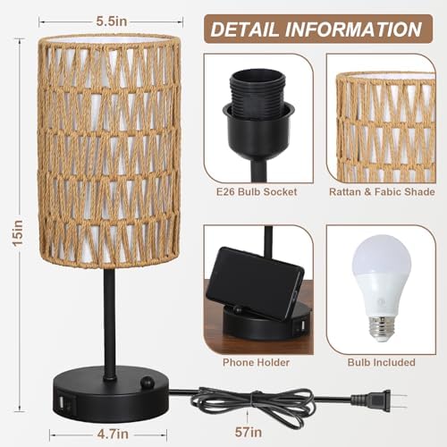 Touch Table Lamp Set of 2 For Bedroom with Bulb, Boho Small Desk Lamp For Living Room With Rattan & Linen Shade, 3 Way Dimmable Bedside Table Lamp For Nightstand With USB Charging Port & Phone Stand - Image 2
