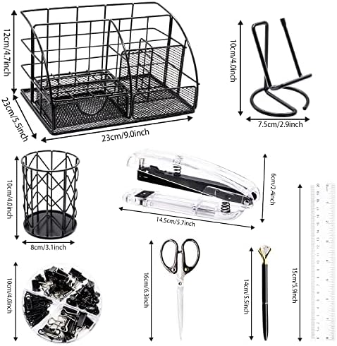 KAAKOW Black Desk Organizers and Accessories Office Supplies Set Stapler, Pen Holder, Phone Holder, Scissors, Pen, Ruler, 30 Paper Clips, 22 Binder Clip, 20 Tacks and 1000pcs Staples - Image 2
