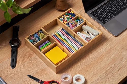 Umilife Bamboo Desk Drawer Organizer, Wood Junk Organizer Tray with Adjustable Dividers, Anti-Skip Storage Organization in Office Bathroom Drawer for Vanity, Makeup, 12" x 9" - Image 6