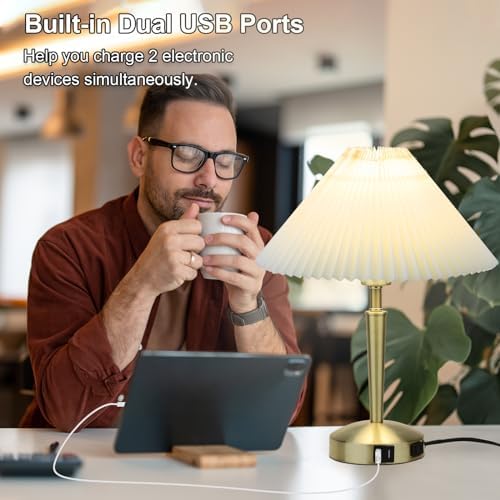 LALISU Touch Bedside Table Lamp, Fabric Shade Small Table Lamp, Gold - Image 4