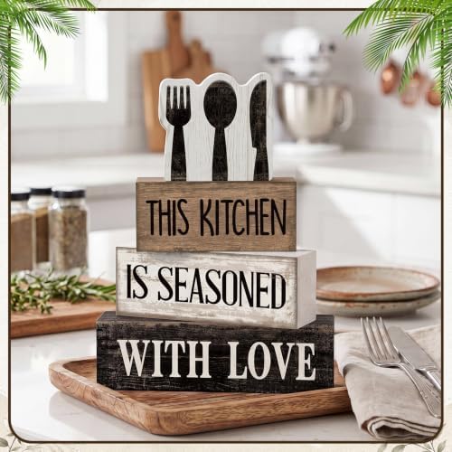 Moucuny 4 Pcs Kitchen Decor Wooden Signs, Farmhouse Tableware Tiered - Image 2