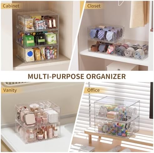 2 Pack Clear Tea Bag Organizer, Stackable Drawer Organizer with Dividers for Pantry Bathroom Vanity Kitchen - Cabinet Countertop Shelf Plastic Storage Bins for Coffee/Makeup/Cosmetic/Crafts/Jewelry - Image 4