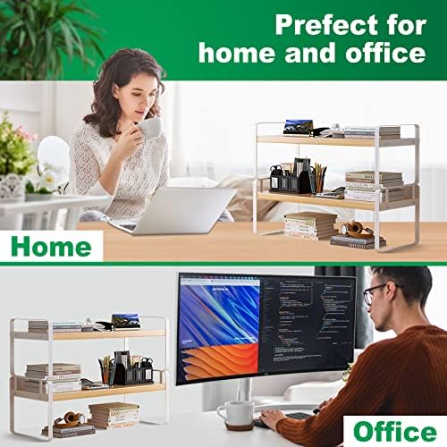 YGYQZ Desk Shelf Organizer, 2-Tier Desktop Bookshelf, White & Wood - Image 6