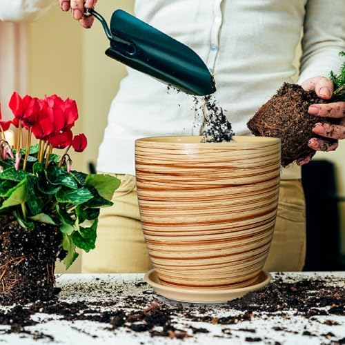 10 Inch Plant Pot Ceramic Pots for Plants with Drainage Hole and Saucer Round Flower Pot for Home Patio Garden Office Yellow - Image 4