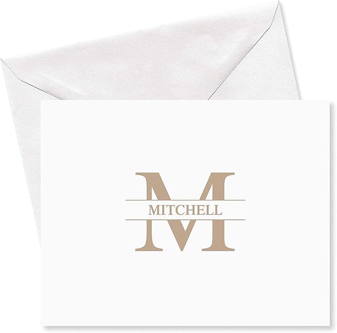 Personalized Black Front & Center Initial Note Card Set - 24 Cards with White Envelopes, 4¼ x 5½ Inch Size, Blank Inside, Add a Name and Initial, For Thank You Notes, or Graduation Gifts