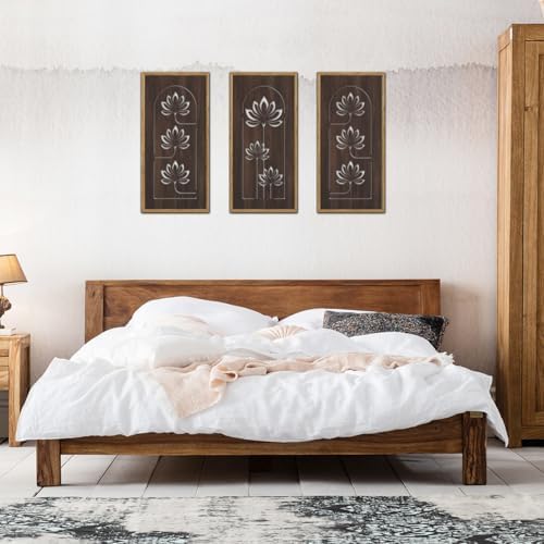 KAIRNE Lotus Wooden Wall Art,Floral Vintage Farmhouse Room Boho Decor,Set of 3(16” X 8”),Framed Mandala Lotus Flowers Wall Decor,Bohemian Retro Wood Hanging Board for Living Room Yoga room Office Decoration - Image 6